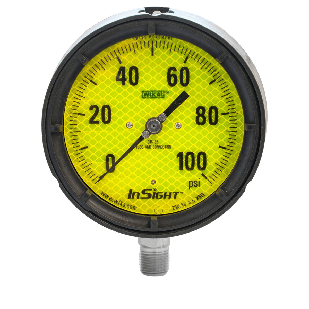 WIKA 233.34 Pressure Gauge, SS, Thermoplastic Case, 4-1/2", 1/4"NPT, Liquid Filled, 0-160 PSI